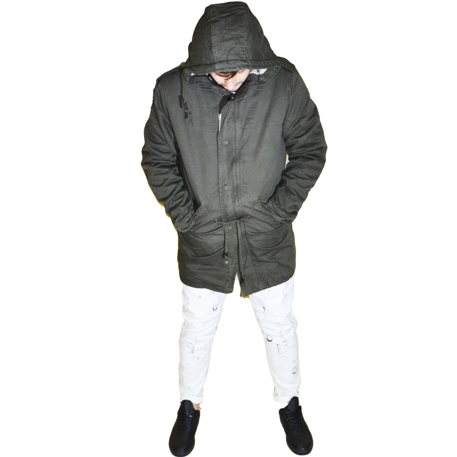 New Parka Uomo Verde con pelliccia bianca
