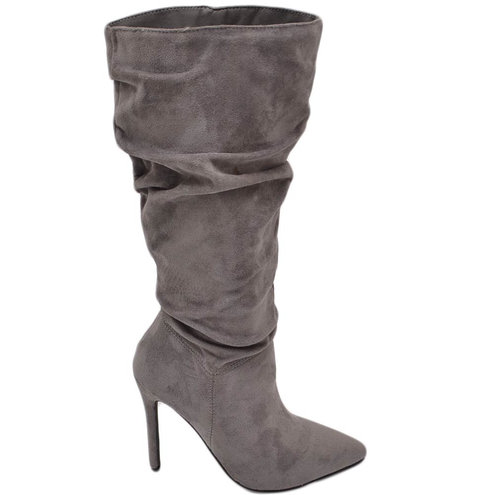 Stivali donna alti in camoscio grigio al ginocchio a punta arricciati con zip tacco spillo 10cm