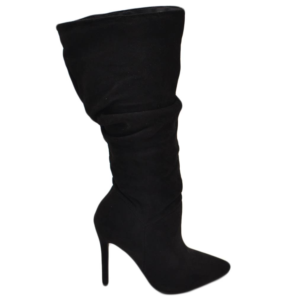 Stivali donna alti in camoscio nero al ginocchio a punta arricciati con zip tacco spillo 10cm