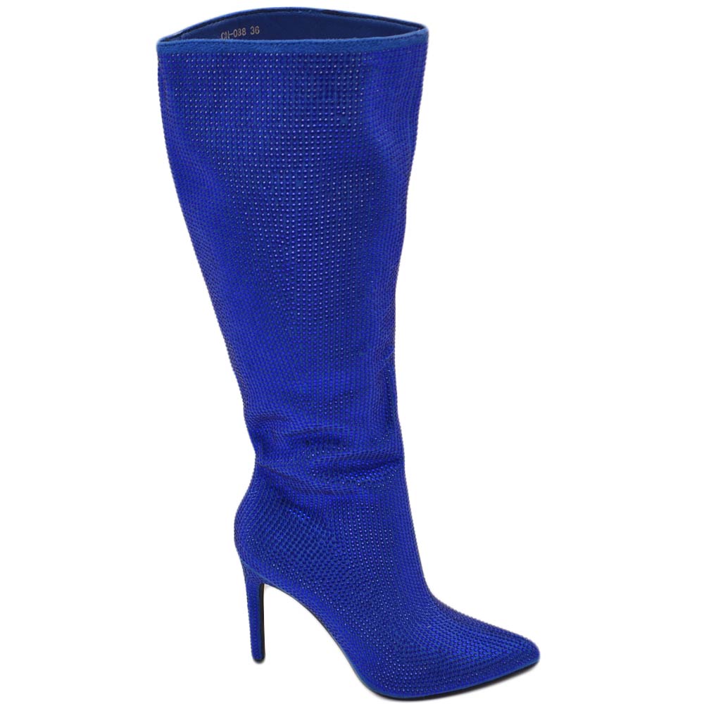 Stivale alto blu Royal donna ginocchio ricoperto di strass tacco a spillo 12 aderente con zip a punta moda cerimonia.