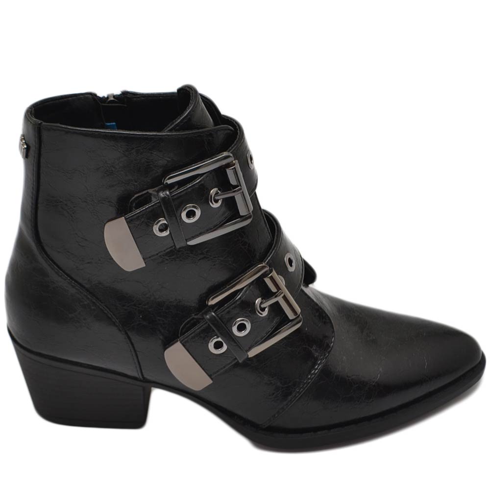 Stivaletto donna Tronchetto comodo tacco basso nero semilucido con 2 fibbie argento made in italy