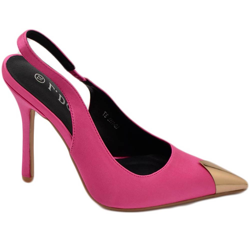 Decollete' donna fucsia alto tacco a spillo 12 cm aperto dietro con placca oro in punta in raso moda cerimonia elegante