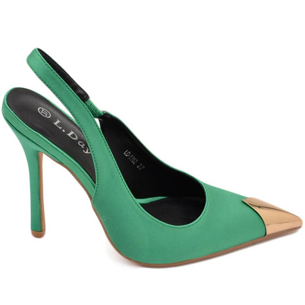 Decollete' donna verde smeraldo alto tacco spillo 12 cm aperto dietro placca oro punta in raso moda cerimonia elegante.