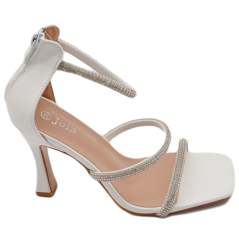 Sandalo gioiello donna bianco luccicante a 3 fasce con zip tacco 10 cerimonia evento elegante comodo 