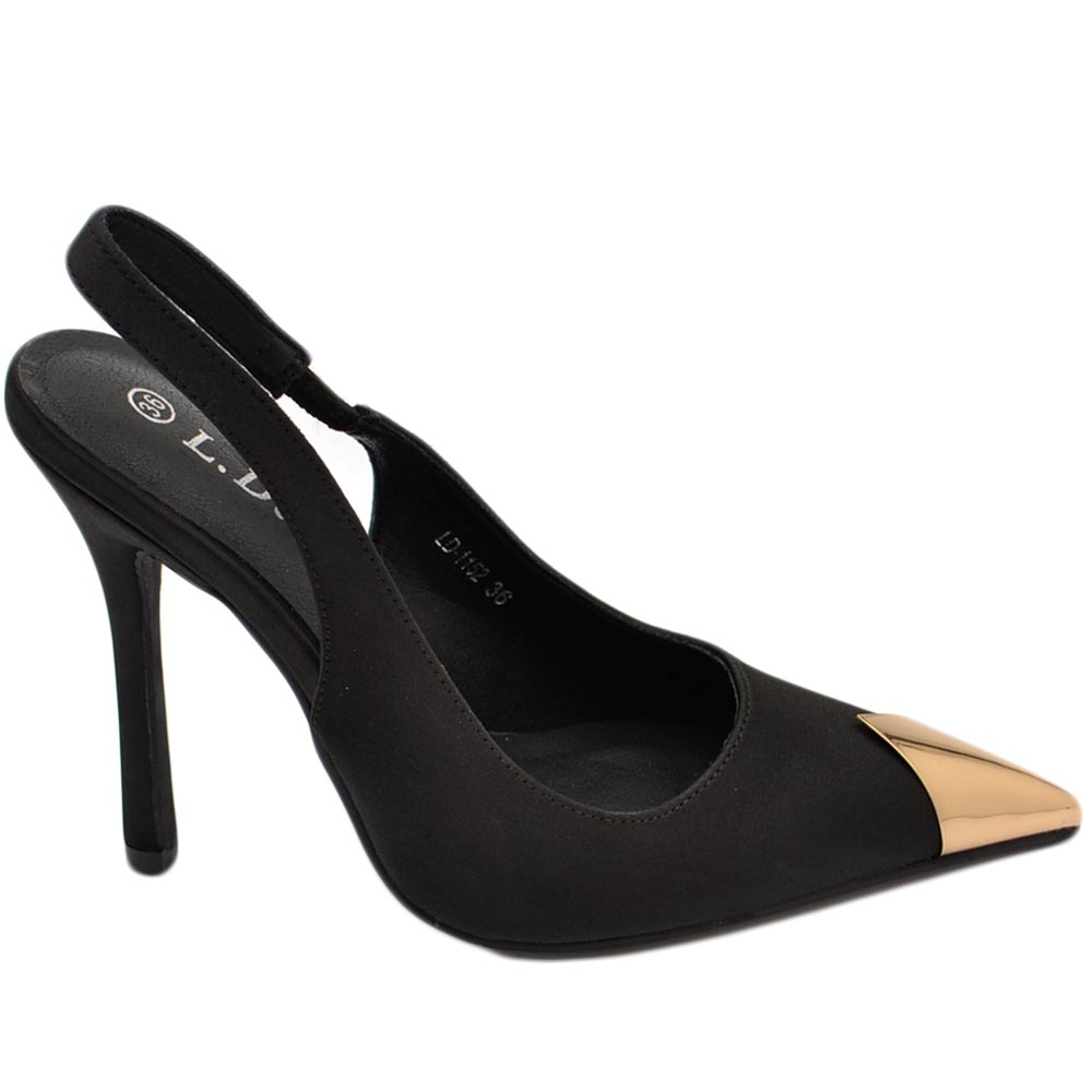 Decollete' donna nero smeraldo alto tacco spillo 12 cm aperto dietro placca oro punta in raso moda cerimonia elegante