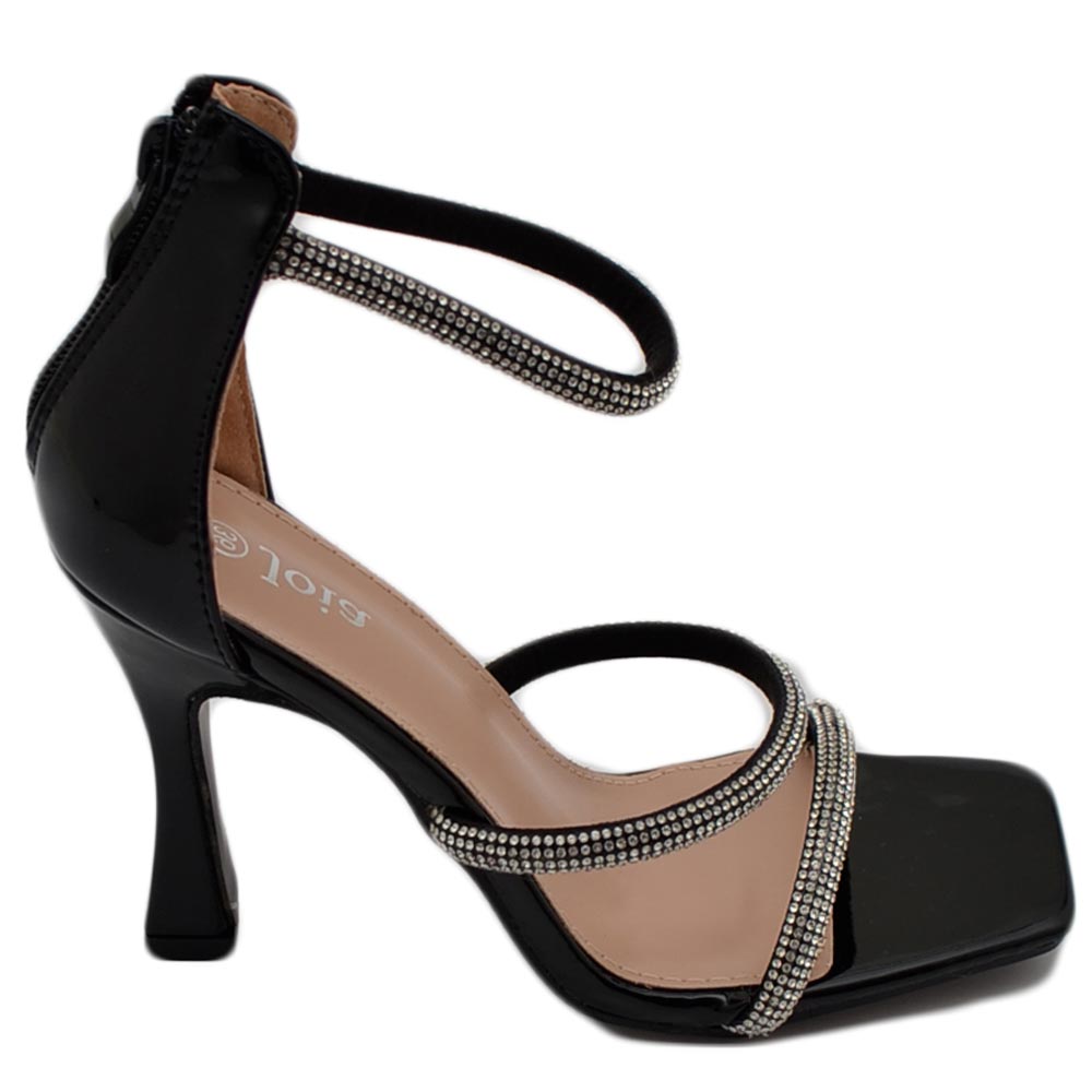 Sandalo gioiello donna nero luccicante a 3 fasce con zip tacco 10 cerimonia evento elegante comodo 