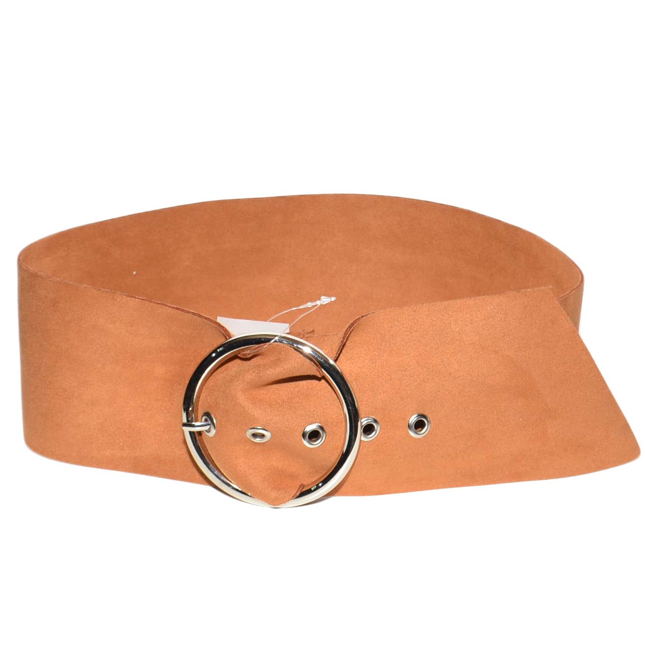 Cinturone donna arancione in camoscio fibbia rotonda da poter mettere in vita o sui fianchi regolabile alto 7 cm