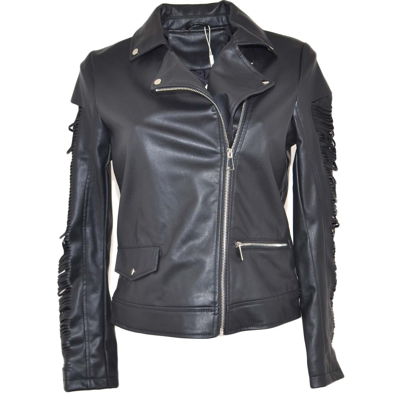 Chiodo donna giacca in ecopelle nera con dettaglio strappo su manica moda zip su manica moda sim fit