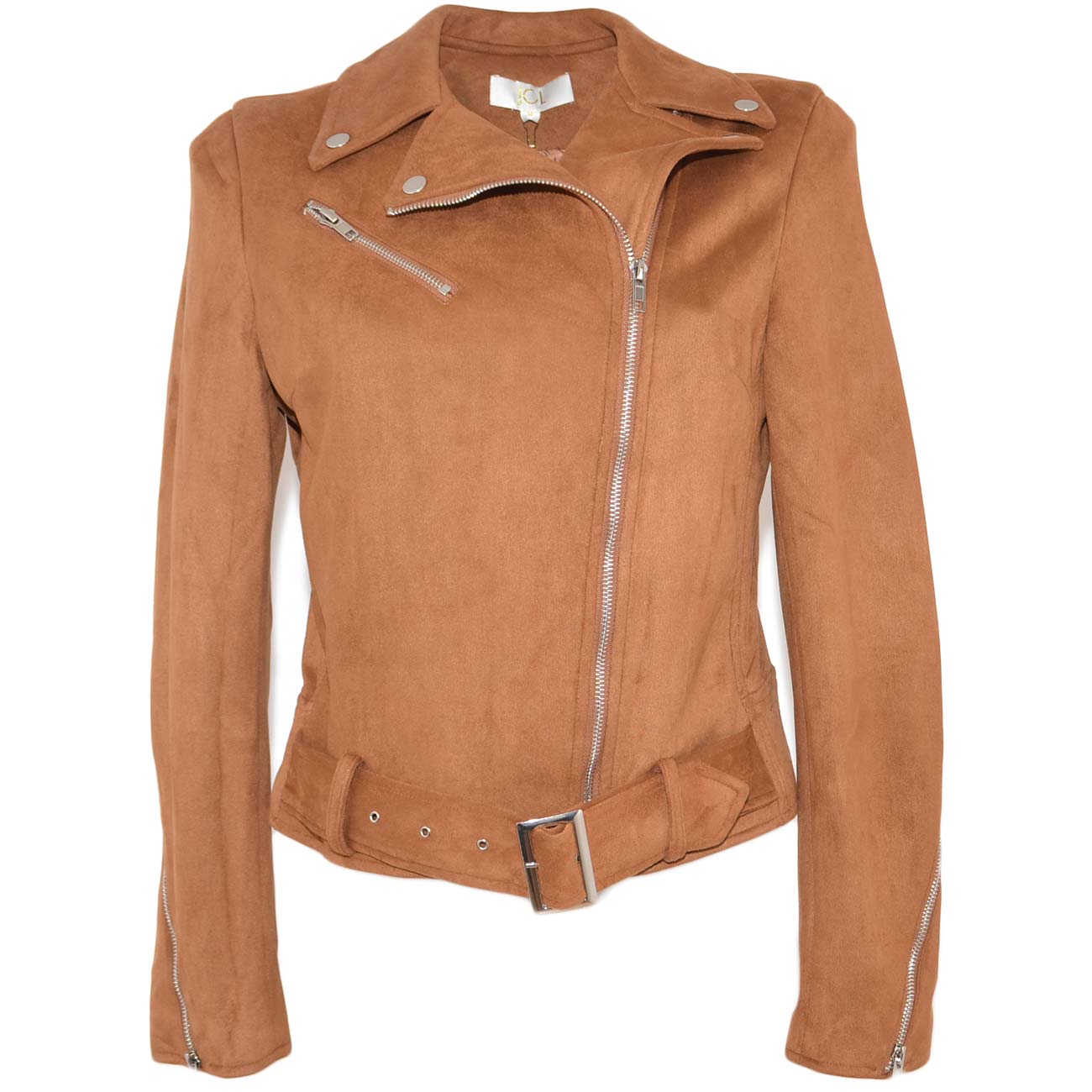 Giacca chiodo donna in nubuk ecologico cuoio tessuto scamosciato con fibbie e zip moda street girl