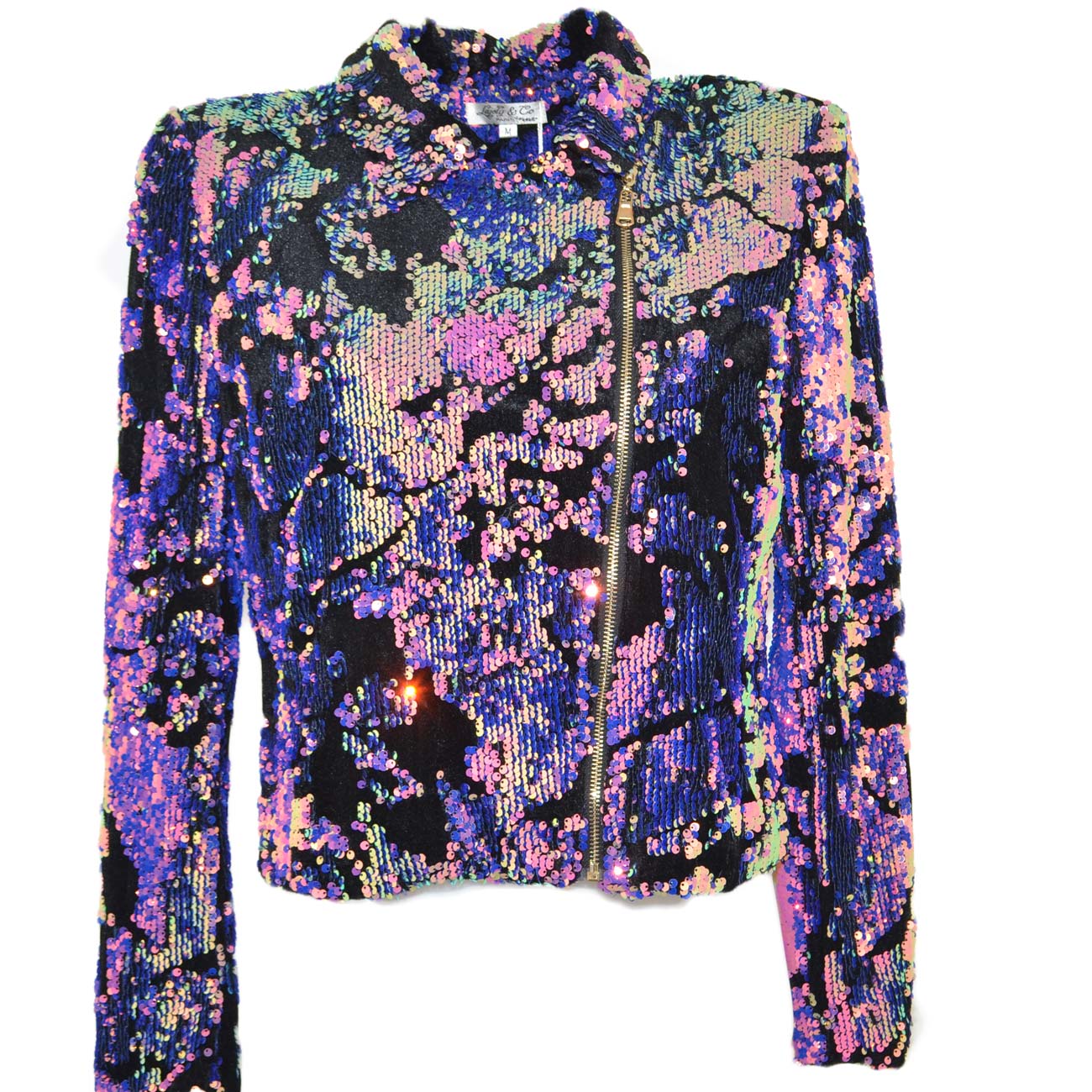 Chiodo giacca donna corto di paillettes colorate multicolor riflettenti avvitato sim fit con cintura regolabile in vita .