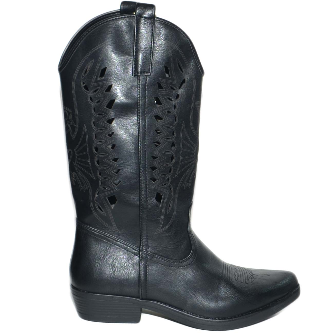 Stivali donna camperos texani stile western neri con foratura laser su pelle tinta unita altezza polpaccio