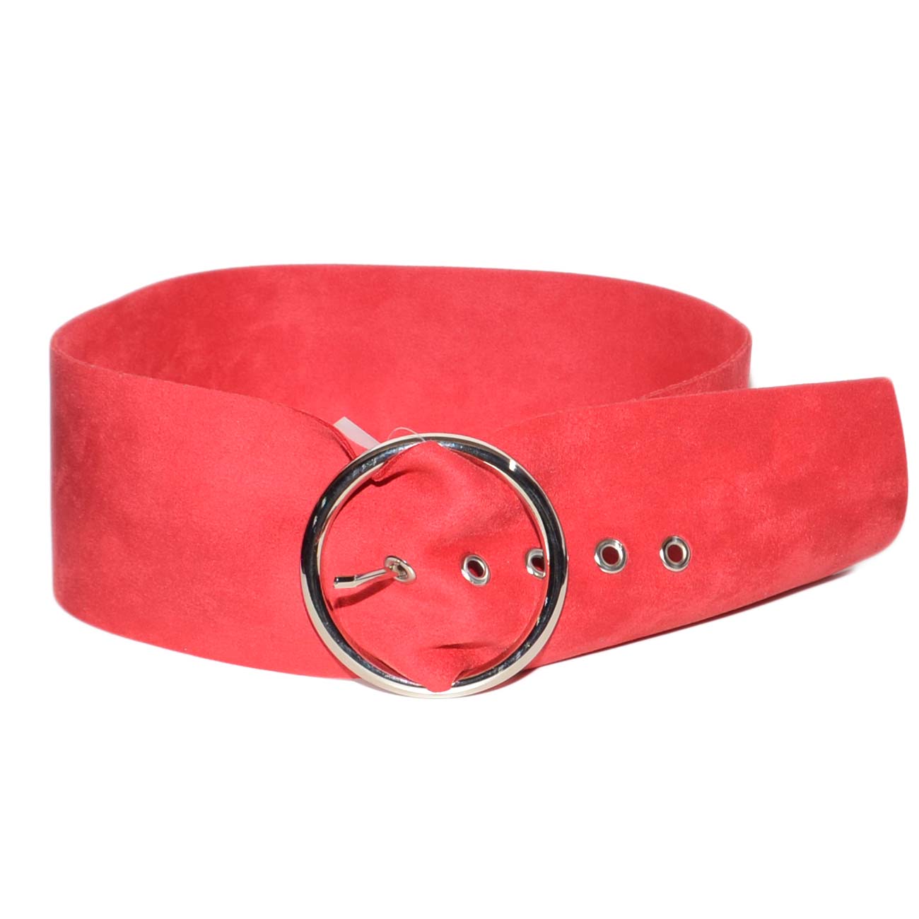 Cinturone donna rosso in camoscio fibbia rotonda da poter mettere in vita o sui fianchi regolabile alto 7 cm