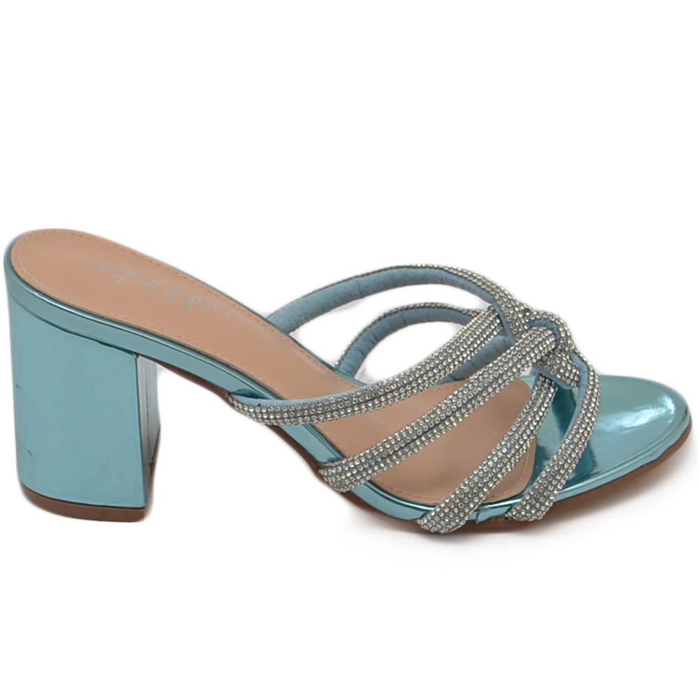 Sandalo donna in vernice turchese gioiello argento sabot mule aperto dietro con tacco grosso 7 cm incrociato sul piede