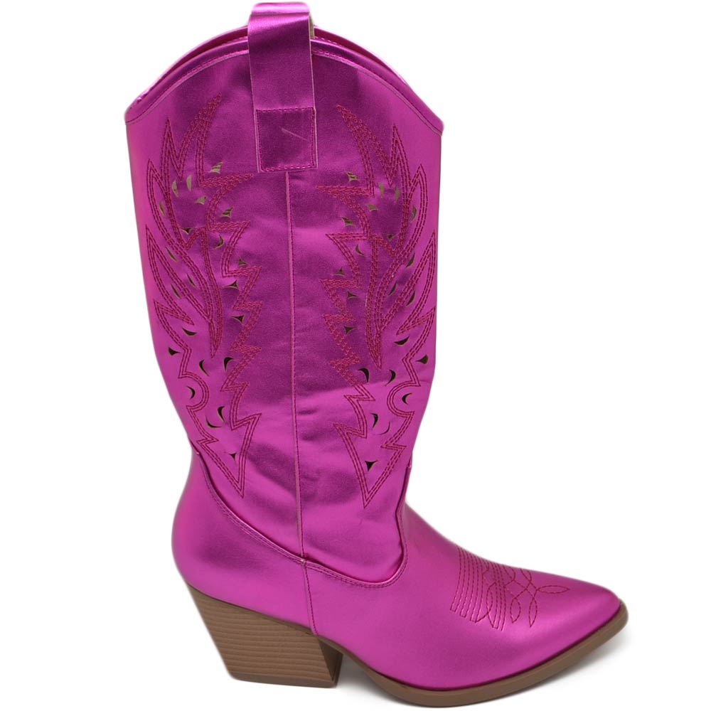 Stivali donna camperos texani stile western forati estivi fucsia lucido tacco western 7 cm con zip laterale.