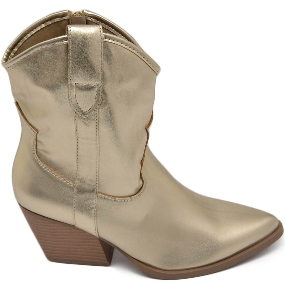 Texano tronchetti donna camperos in vinile oro stivaletti con tacco largo comodo 5 cm liscio alla caviglia zip