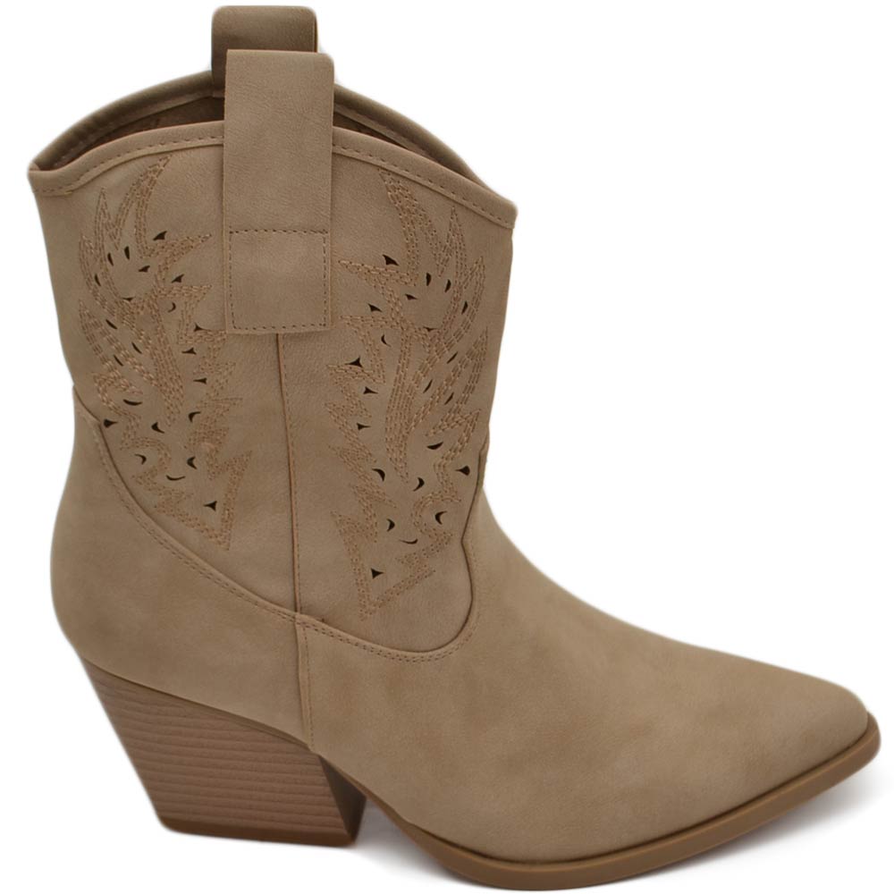 Texano tronchetti donna camperos in camoscio beige stivaletti con tacco largo comodo 5cm effetto laser alla caviglia zip