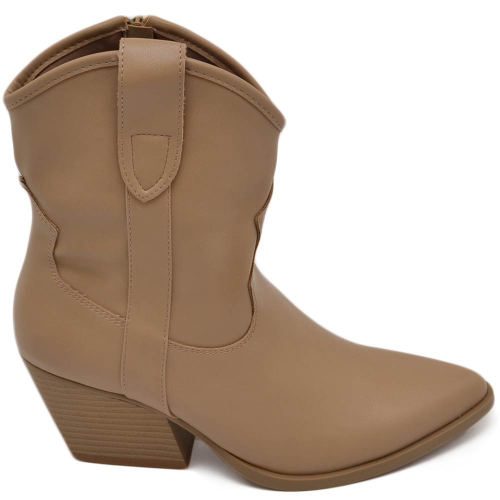 Texano tronchetti donna camperos in ecopelle beige nude stivaletti con tacco largo comodo 5 cm liscio alla caviglia zip.