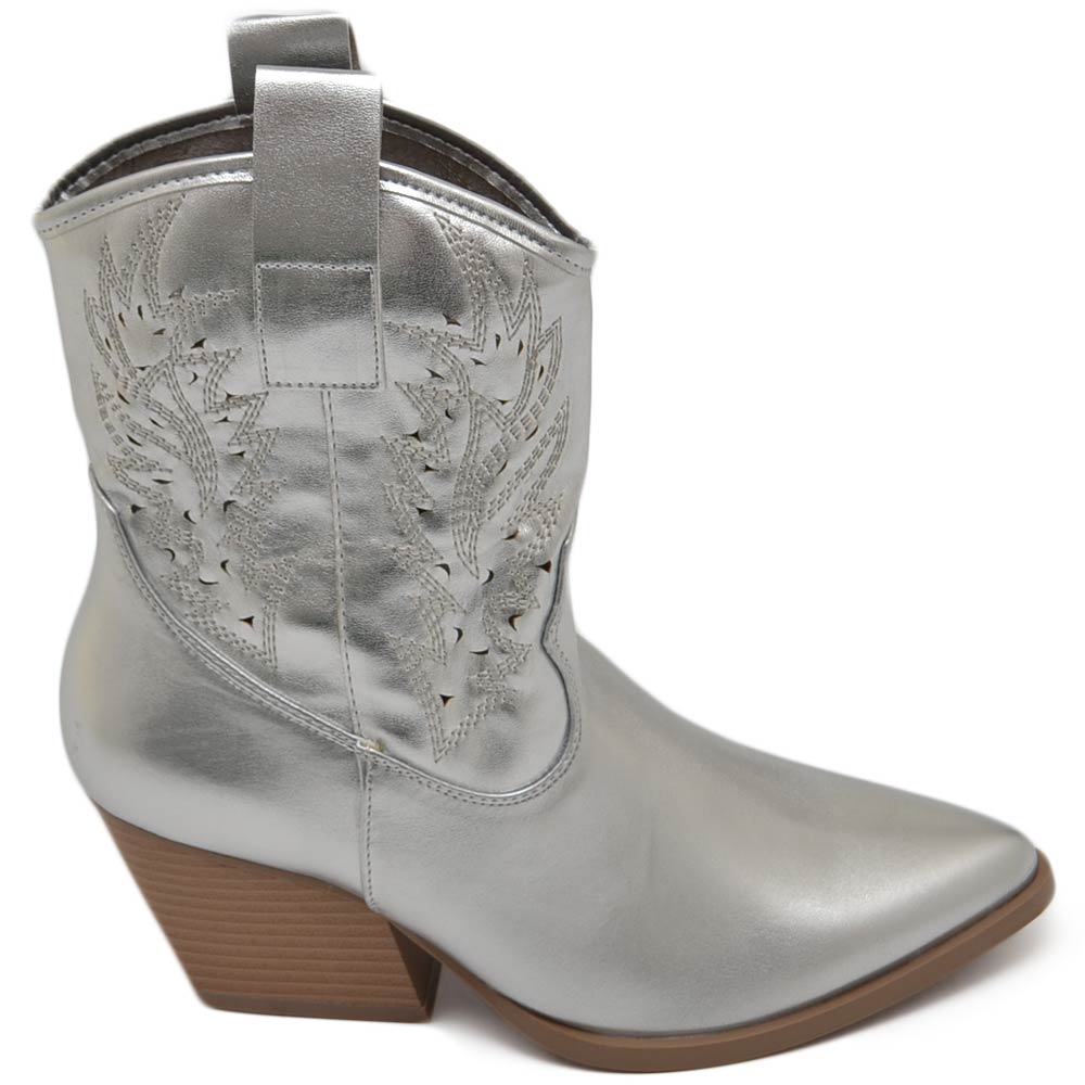 Texano tronchetti donna camperos in vinile argento stivaletti con tacco largo comodo 5cm effetto laser alla caviglia zip