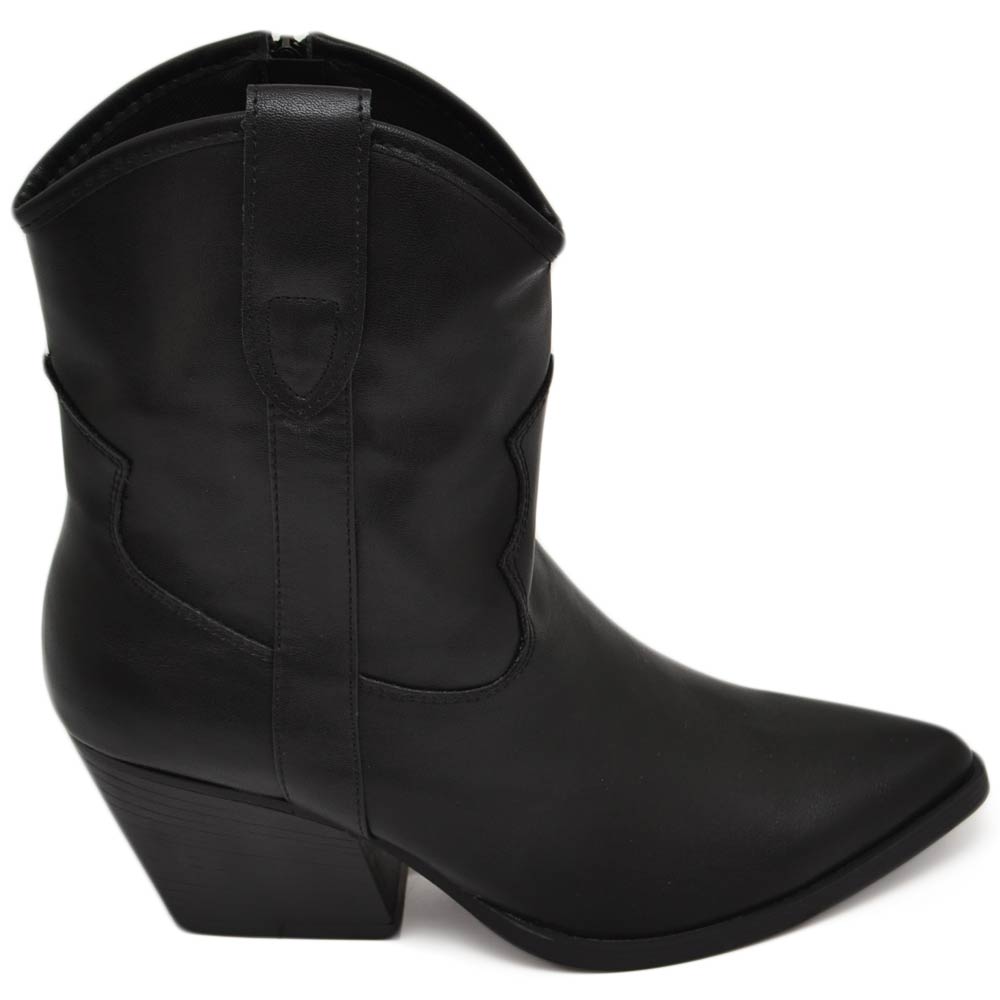 Texano tronchetti donna camperos in ecopelle nera stivaletti con tacco largo comodo 5 cm liscio alla caviglia zip.