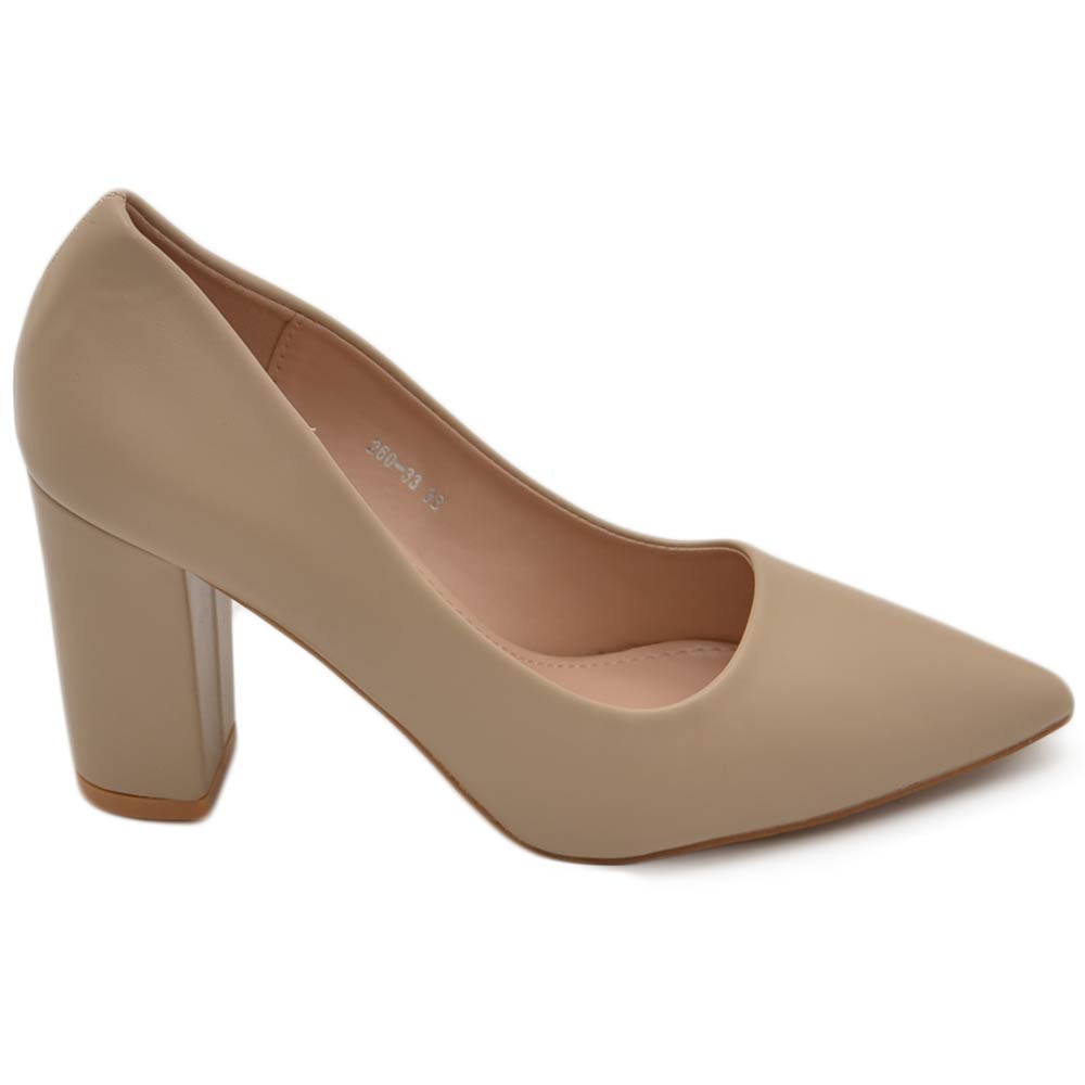 Decollete' donna in ecopelle matte beige nude tacco doppio 9 cm comfort morbido moda glamour evento	.