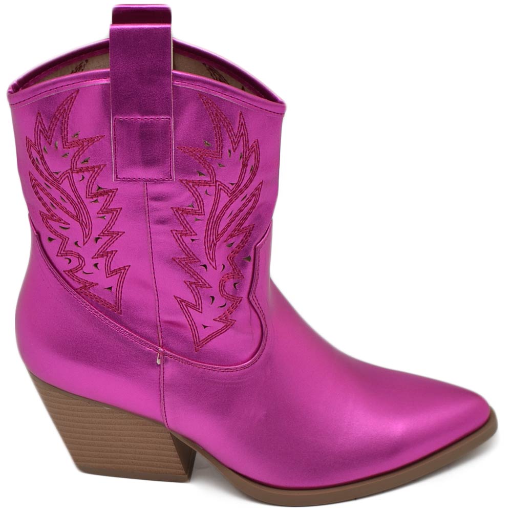 Texano tronchetti donna camperos in vinile fucsia stivaletti con tacco largo comodo 5cm effetto laser alla caviglia zip.