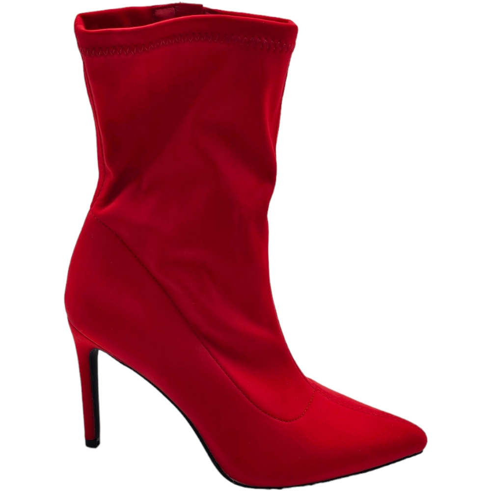 Stivaletti tronchetti donna a punta in licra effetto calzino rosso con tacco sottile 12 cm zip aderenti al polpaccio.