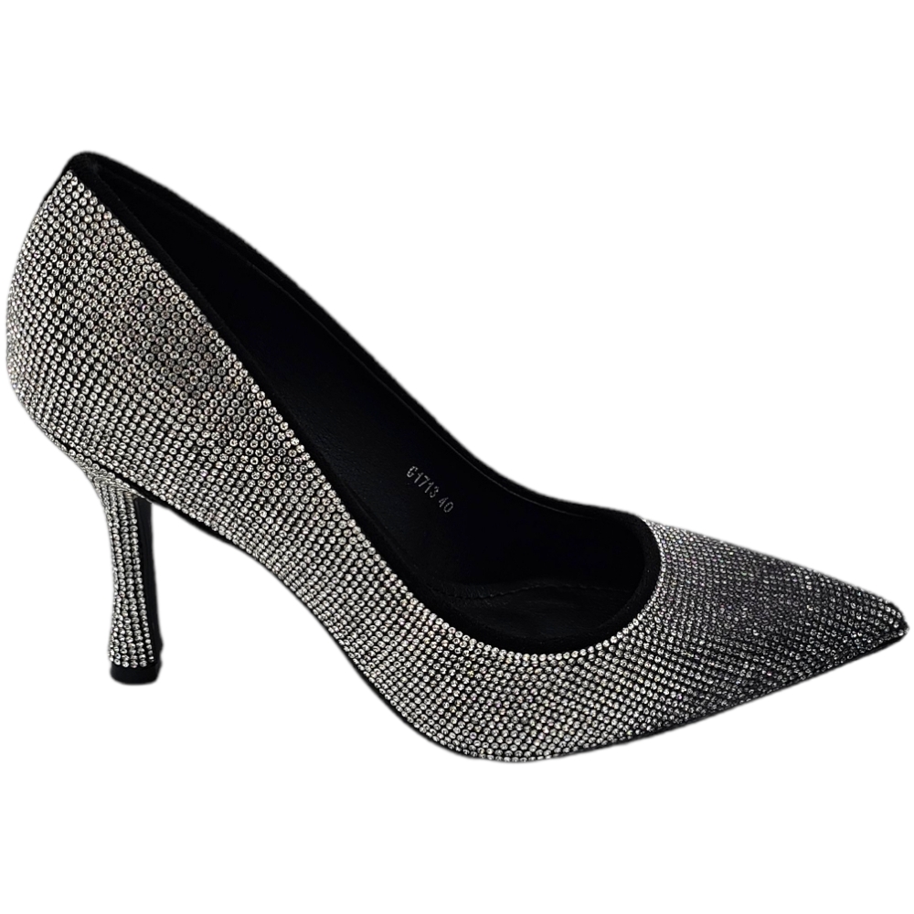 Scarpe decollete donna eleganti nero con brillantini degrade argento tacco martini 10 cm .