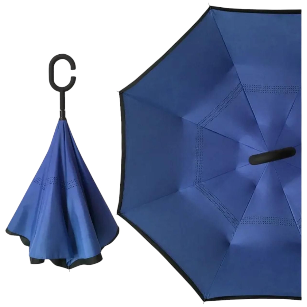 Ombrello blu  invertito doppio strato antivento con Manico a Forma di C Ribaltabile Inverso Anti UV.