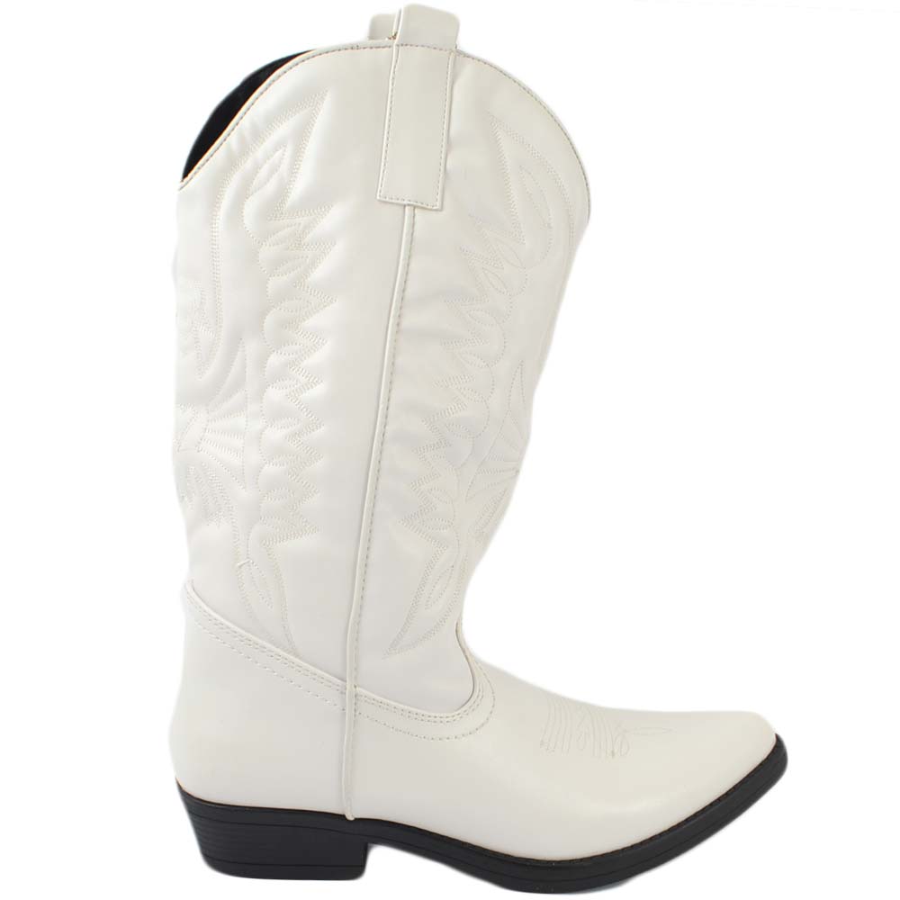 Stivali donna camperos texani stile western bianchi con cucitura laser su pelle tinta unita altezza polpaccio