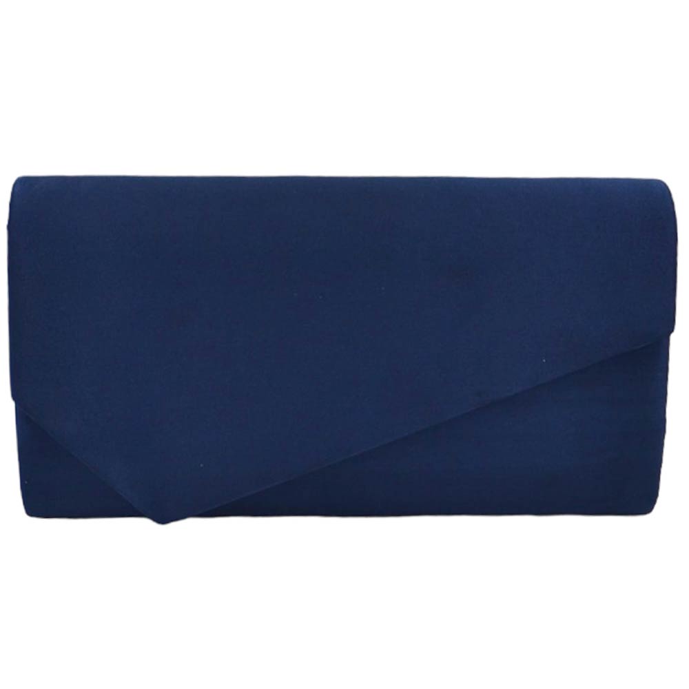 Pochette donna rettangolare a forma asimmetrica in raso blu notte tinta unita catena argento linea basic made in italy.