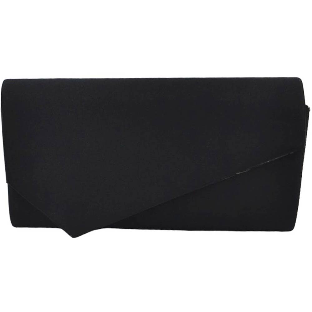 Pochette donna rettangolare a forma asimmetrica in raso nero tinta unita catena argento linea basic made in italy.