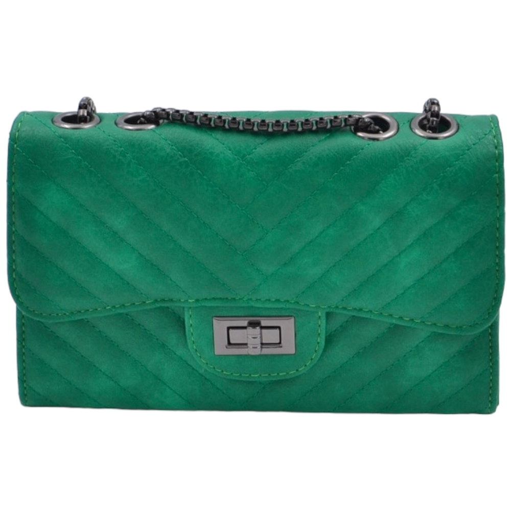 Pochette rigida oversize verde forma rettangolare trapuntata con venature bianche con chiusura zip catena regolabile  .