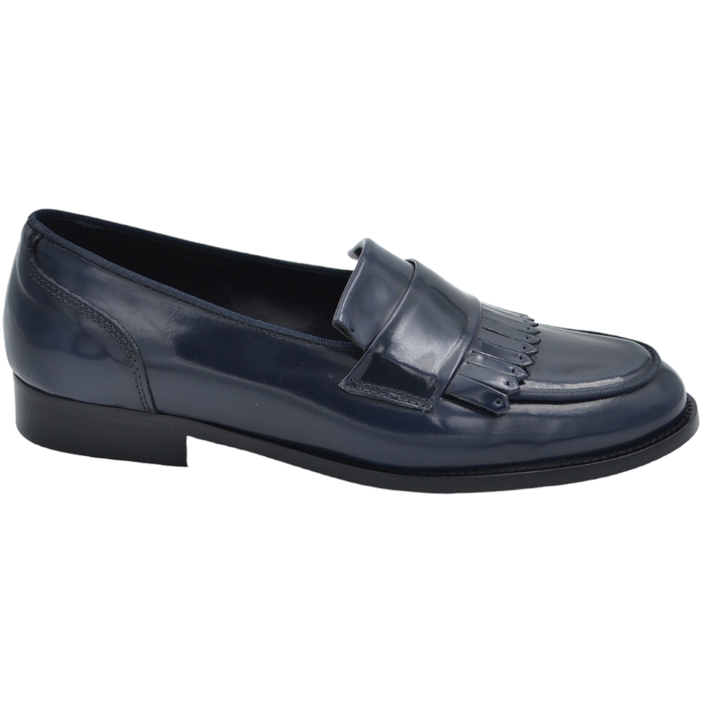 Scarpa mocassino uomo ls frangia vera pelle abrasivato blu cucita a mano fondo cuoio antiscivolo centrale