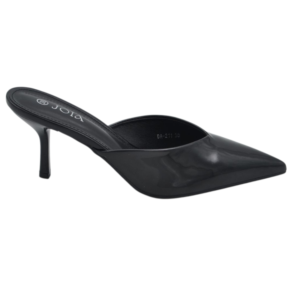 Decollete mule donna a punta lucido nero con tacco sottile 7 cm senza chiusura