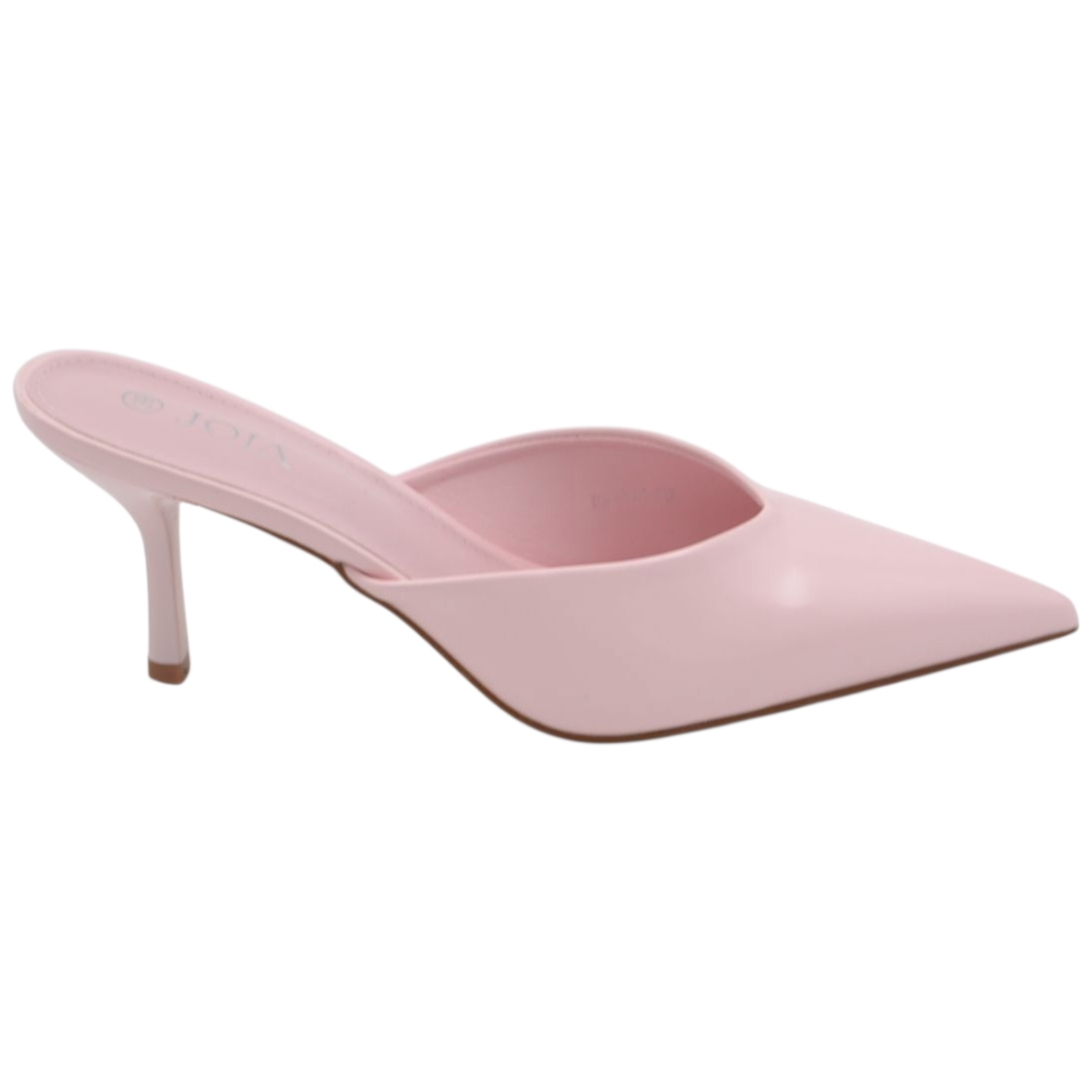 Decollete mule donna a punta lucido rosa pastello con tacco sottile 7 cm senza chiusura