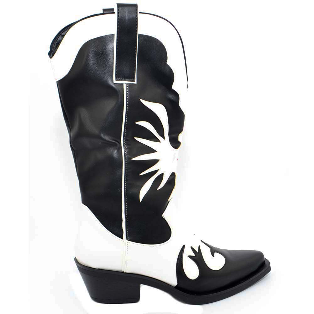 Stivali donna texano alto nero con stella rosso e rifiniture bianche fantasia astratta scollo frontale tacco western