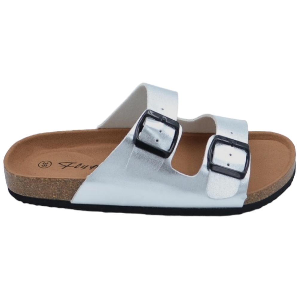 Sandali donna estivi in pelle argento semilucida con doppia fibbia nera regolabile fondo Eva con antiscivolo 