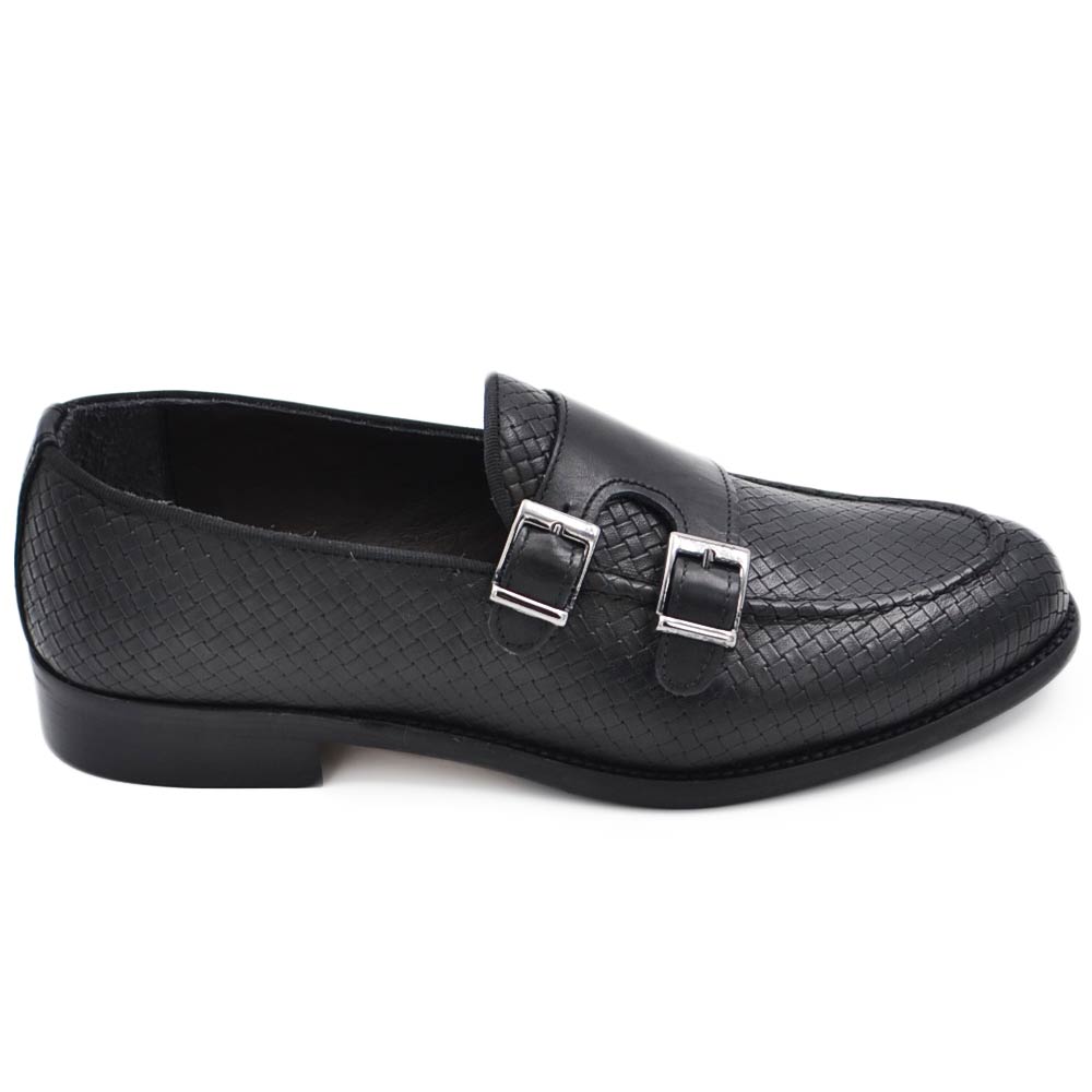 Scarpe uomo mocassino doppia fibbia in vera pelle nappa intrecciata nera suola in cuoio con antiscivolo elegante