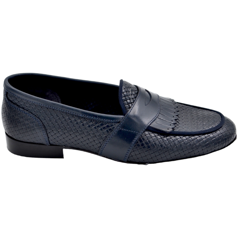 Scarpa mocassino uomo ls frangia vera pelle intrecciata blu cucita a mano fondo cuoio antiscivolo centrale