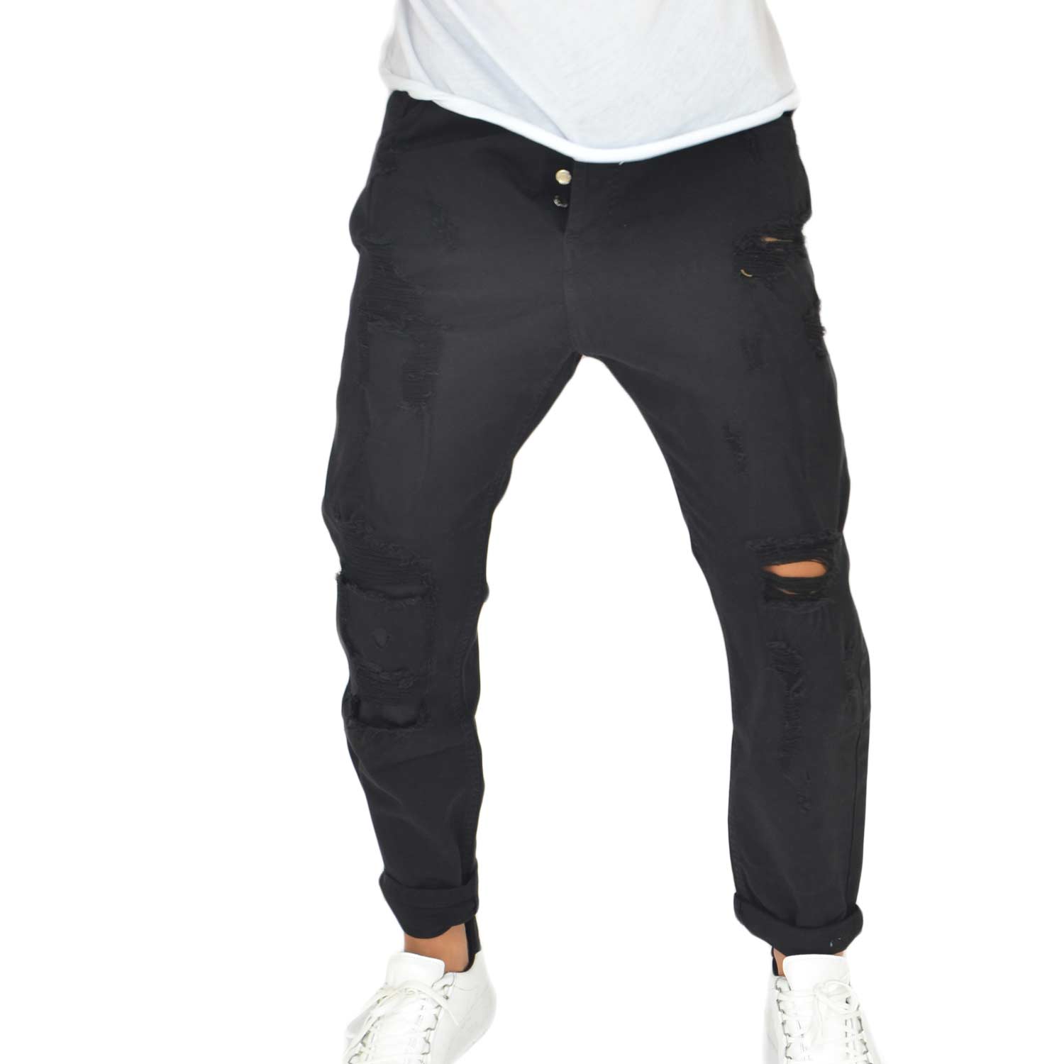 Pantaloni Jeans uomo nero denim biker chiusura con bottoni.Cinque tasche strappo moda