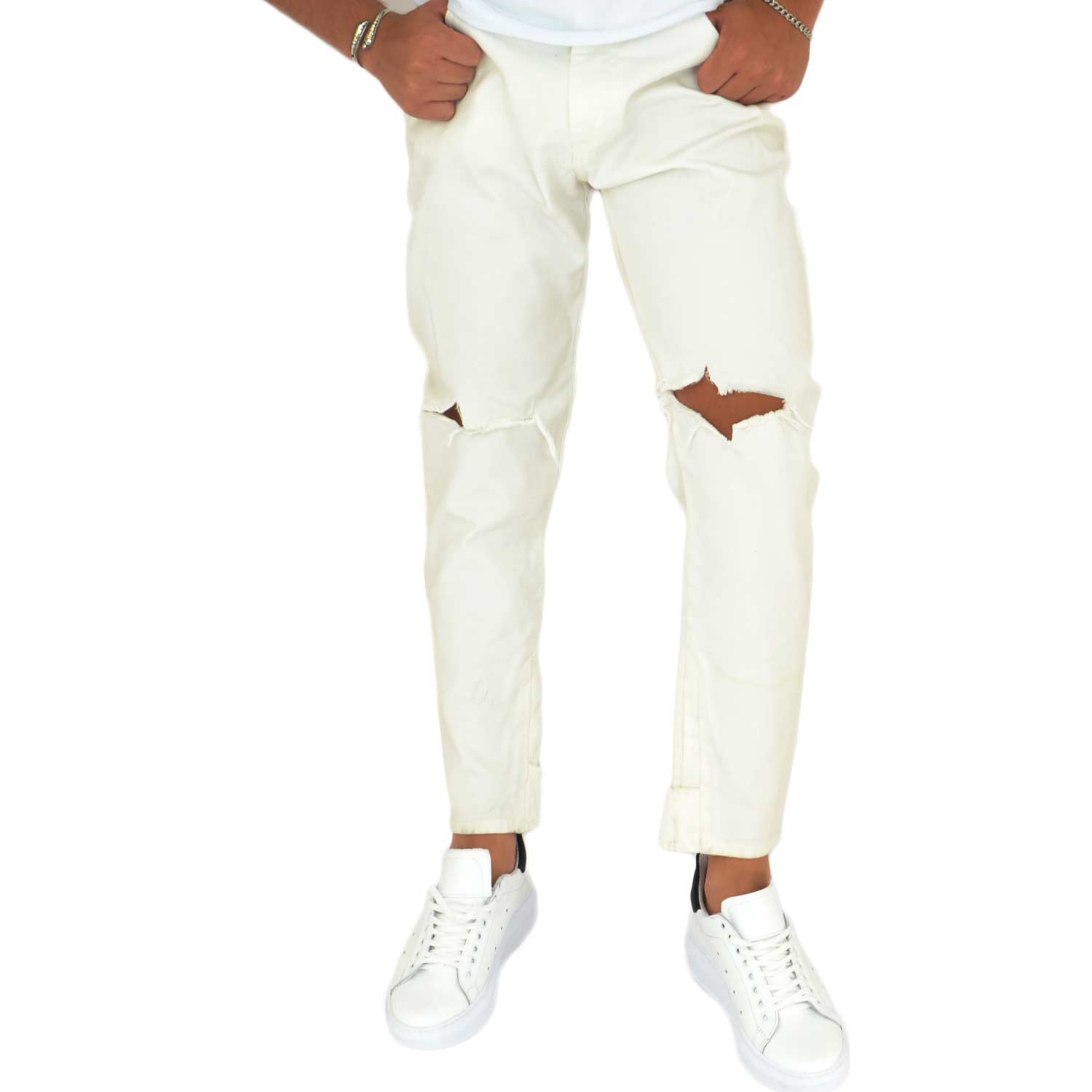 Pantaloni Jeans beige uomo art 03945 denim biker chiusura con bottone e cerniera. Cinque tasche. strappo moda c