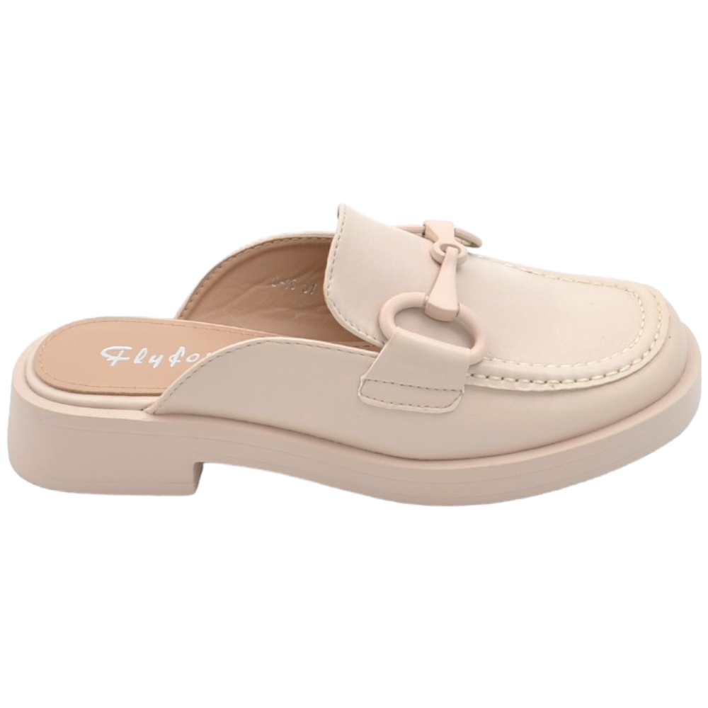 Mocassino donna mules beige con morsetto tono su tono aperto dietro gomma platform antiscivolo moda.