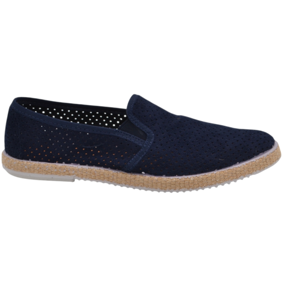 espadrillas slip-on uomo blu in pelle scamosciata traforata bordatura in juta e suola in gomma flessibile .