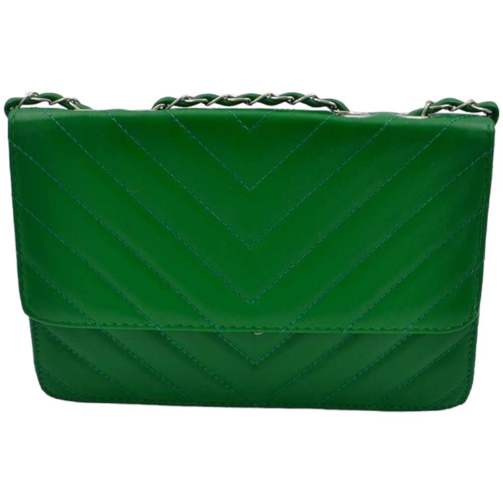 Pochette rigida oversize verde forma rettangolare trapuntata cucitura tono su tono con chiusura zip catena regolabile  