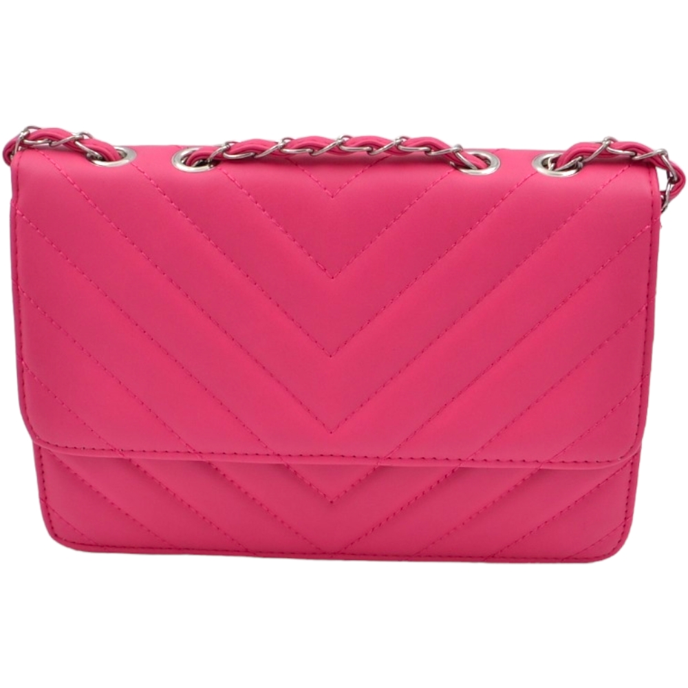 Pochette rigida oversize fucsia forma rettangolare trapuntata cucitura tono su tono con chiusura zip catena regolabile  .