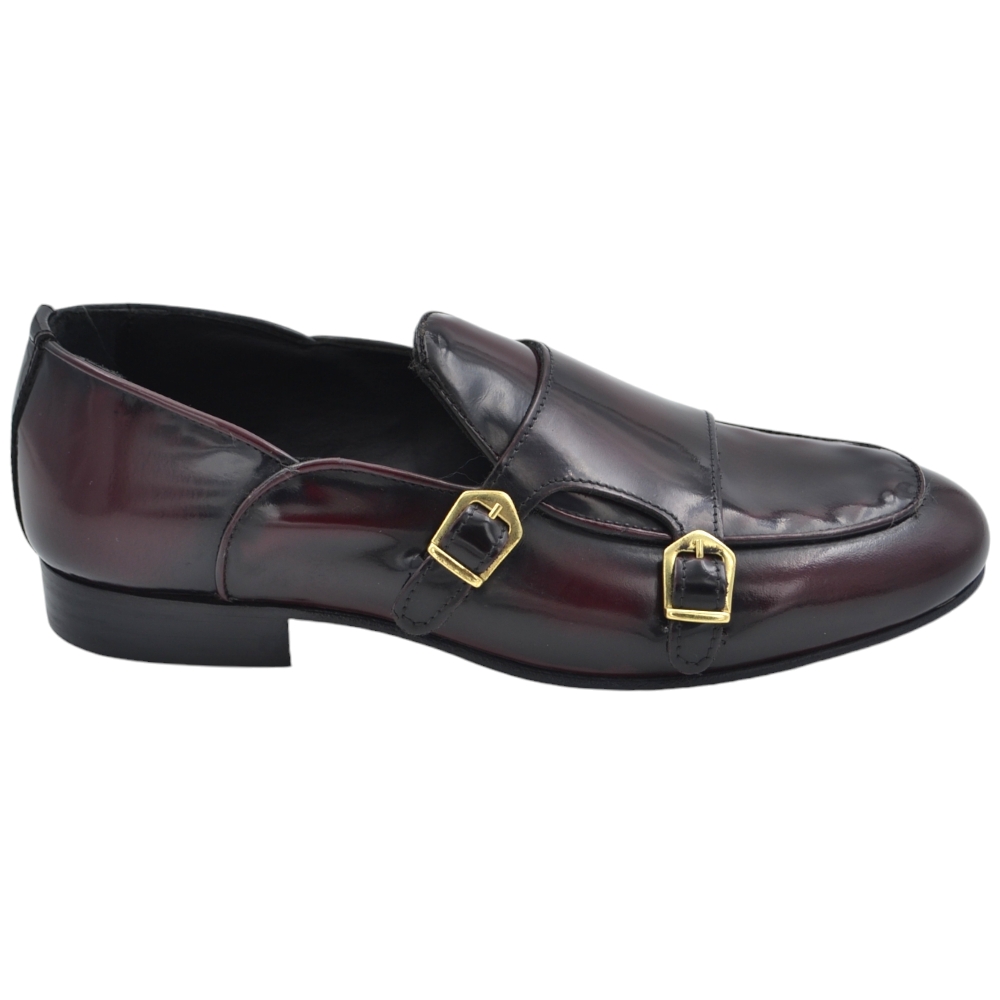 Scarpa mocassino uomo ls doppia fibbia oro vera pelle abrasivato bordeaux spazzolato a mano fondo cuoio antiscivolo