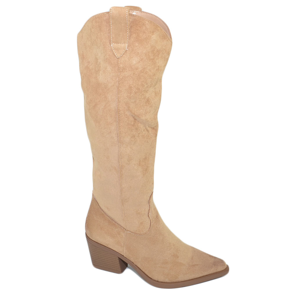Stivali donna camperos texani tortora liscio scamosciato beige zip tacco western comodo in gomma altezza ginocchio moda.