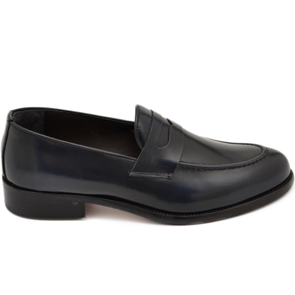 Scarpe college uomo inglese mocassino blu vera pelle spazzolato fondo in cuoio con antiscivolo handmade italy