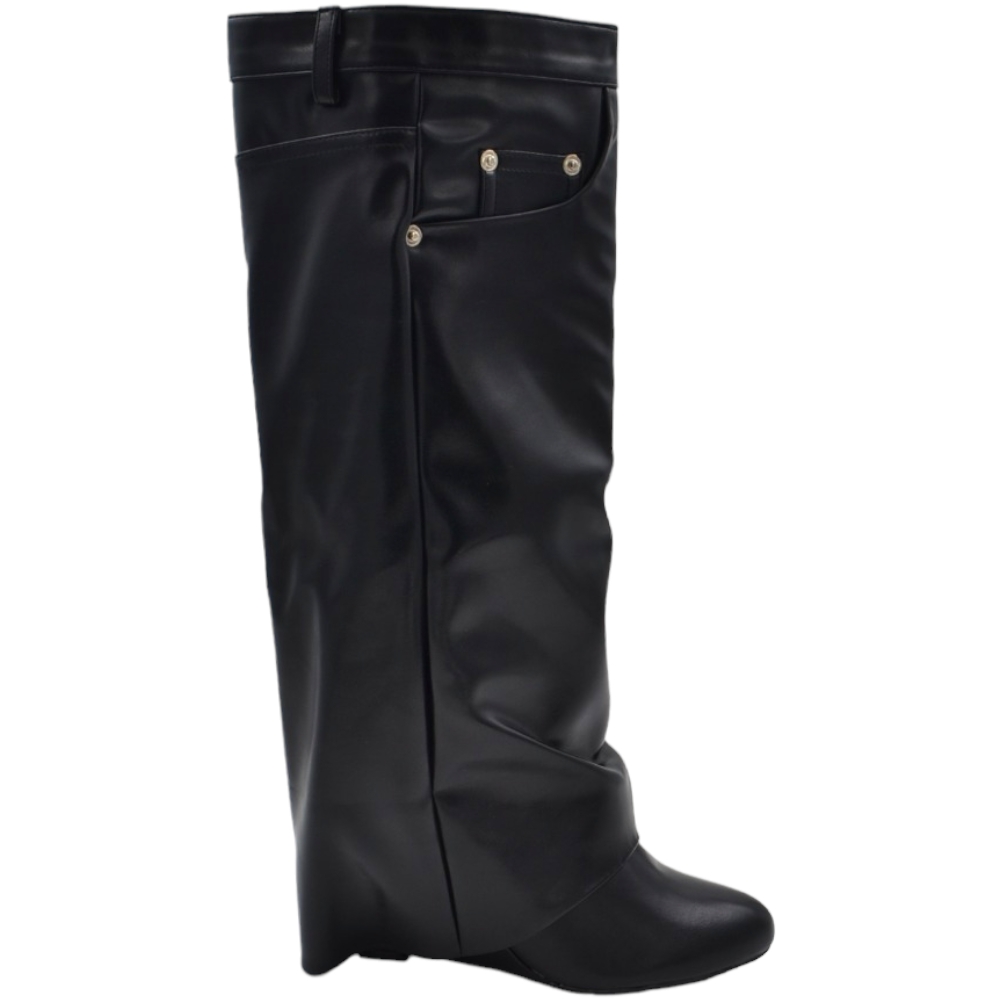 Stivale donna altezza ginocchio nero risvoltone fino a terra shark con zeppa 10 cm comoda dettagli pantalone moda