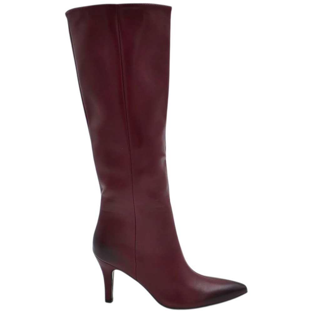Stivali alti donna al ginocchio in pelle bordeaux a punta tacco a spillo 9 cm zip lunga aderente moda linea Basic